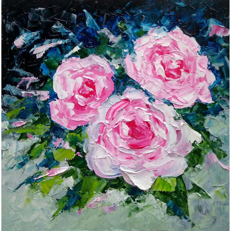 Roses Bouquet Original Oil Painting, Floral Wall Art, Flower Picture. 手工油畫, 油畫原 - โปสเตอร์ - วัสดุอื่นๆ หลากหลายสี