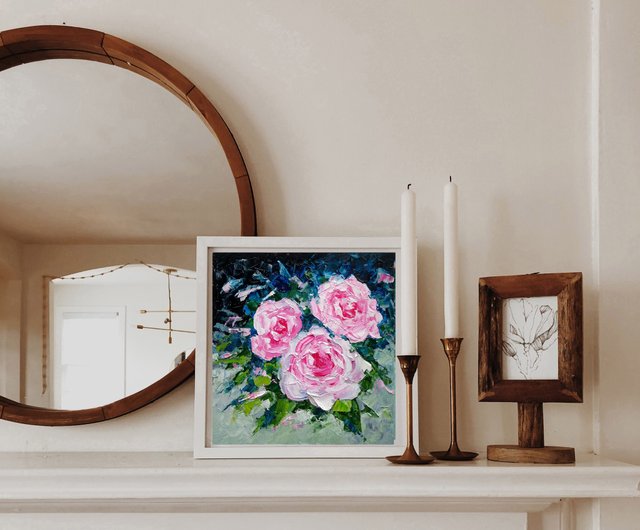 バラの花束オリジナルの油絵、花の壁アート、花の絵。手工油絵
