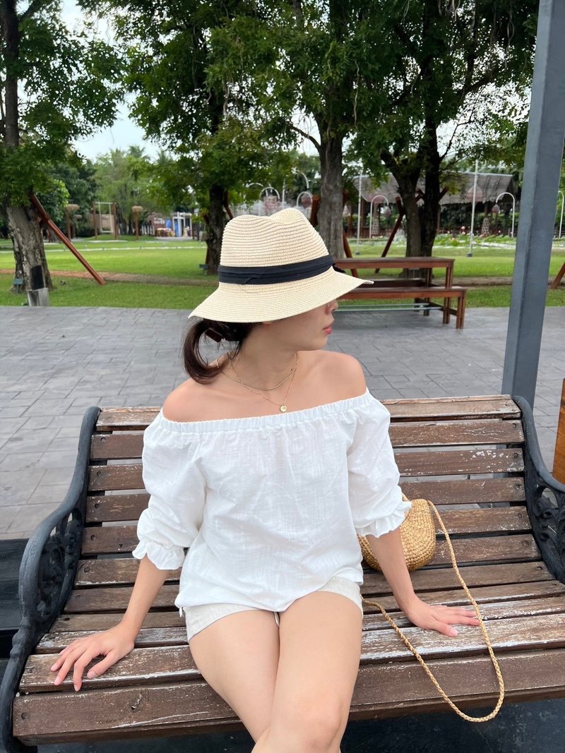 Off-the-shoulder cotton linen blouse - 女上衣/長袖上衣 - 亞麻 綠色