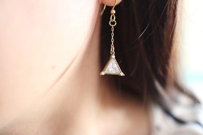 Triangle zircon brass handmade earrings - Earrings & Clip-ons - Other Metals 
