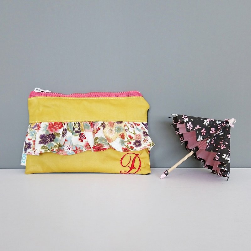Ruffle Zippered Pouch (Japanese style flower x Yellow) | Customized Embroidery - Toiletry Bags & Pouches - Cotton & Hemp Yellow