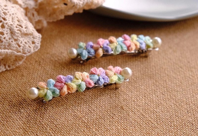 鈎針編織 冰淇淋色閃閃彩虹夾 - 髮夾/髮圈 - 棉．麻 