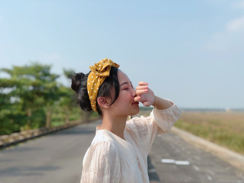 一首清新的詩 薑黃水玉 二重紗 雙層/大蝴蝶扭結髮帶 ggoomstudio - 髮箍/髮帶 - 棉．麻 黃色