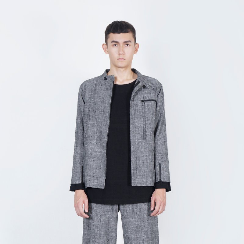 Black and white cut AW black Linen zipper jacket - เสื้อโค้ทผู้ชาย - ผ้าฝ้าย/ผ้าลินิน สีเทา
