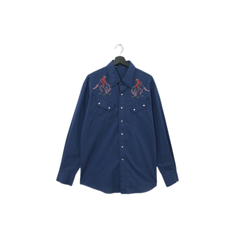 Back to Green-長袖襯衫 深藍刺繡 馬術 T-03//vintage shirt - 男襯衫/休閒襯衫 - 棉．麻 