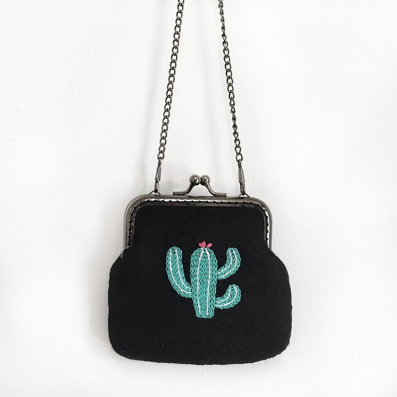Cactus embroidery wool felt gold bag/coin purse - Coin Purses - Wool Black
