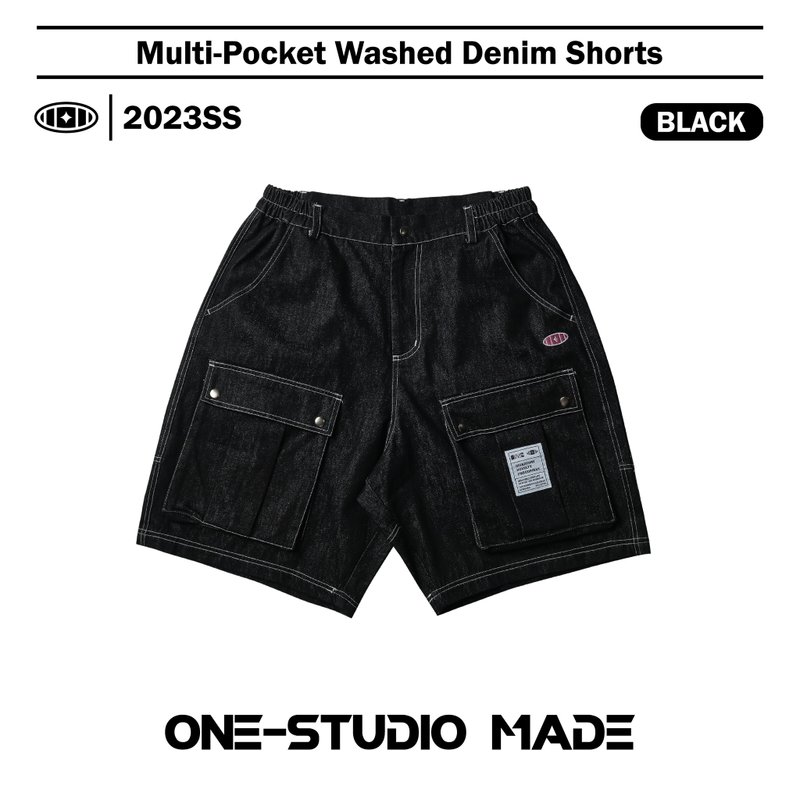 ONE-1111-STUDIO multi-pocket washed denim shorts - Men's Shorts - Cotton & Hemp Black