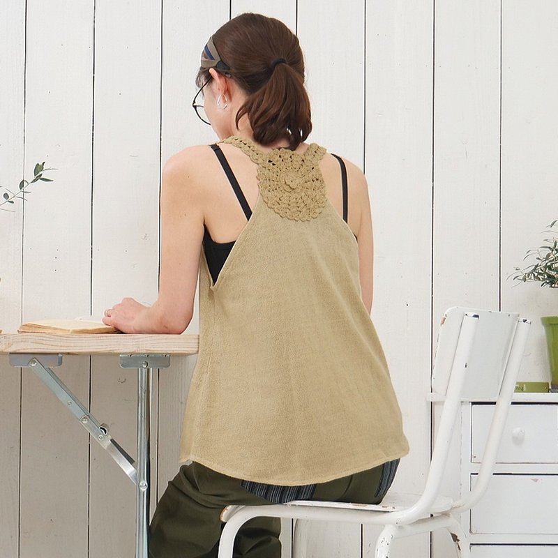 Attractive floral pattern, crochet, tank top, tunic, yellow beige, d-tp003 - เสื้อผู้หญิง - ผ้าฝ้าย/ผ้าลินิน สีเหลือง