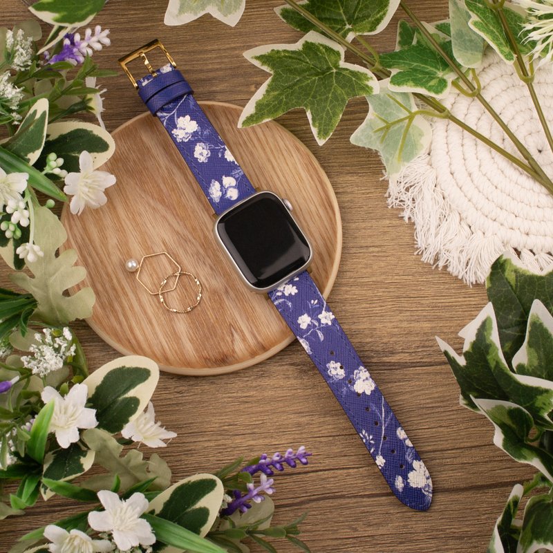 小白花印花海軍藍蘋果錶帶 for Apple Watch 4/5/6/7/8/9/SE/Ultr - 錶帶 - 真皮 藍色