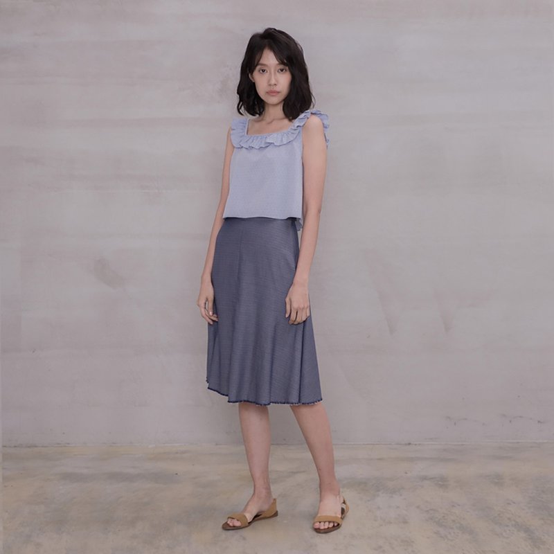 復古織紋波浪裙 Vintage Print  Flared Skirt - 裙子/長裙 - 棉．麻 藍色
