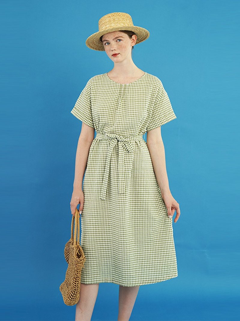 ECRU SOLI素白已然日系白綠格紋提花寬鬆細褶連衣裙 - 洋裝/連身裙 - 棉．麻 綠色