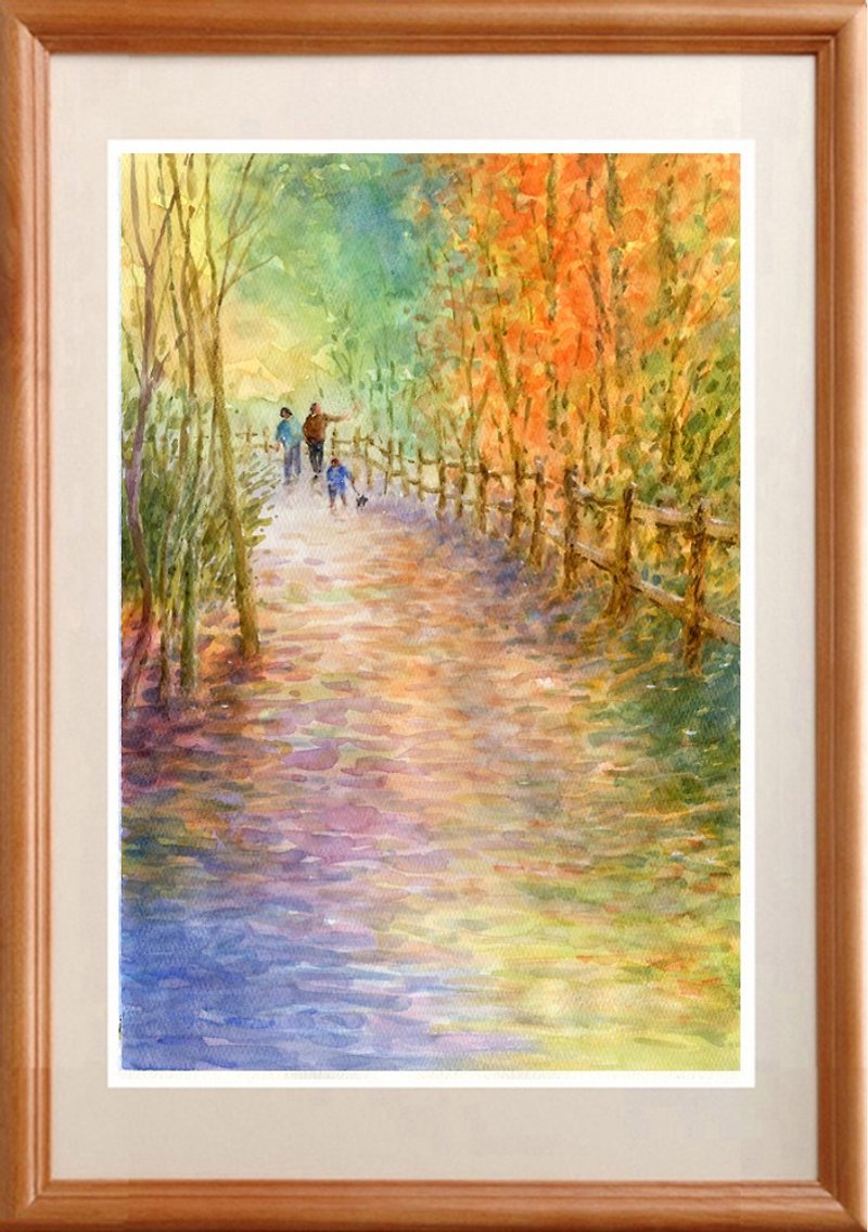 Watercolor picture Original picture Autumn leaves walking path - Posters - Paper Orange
