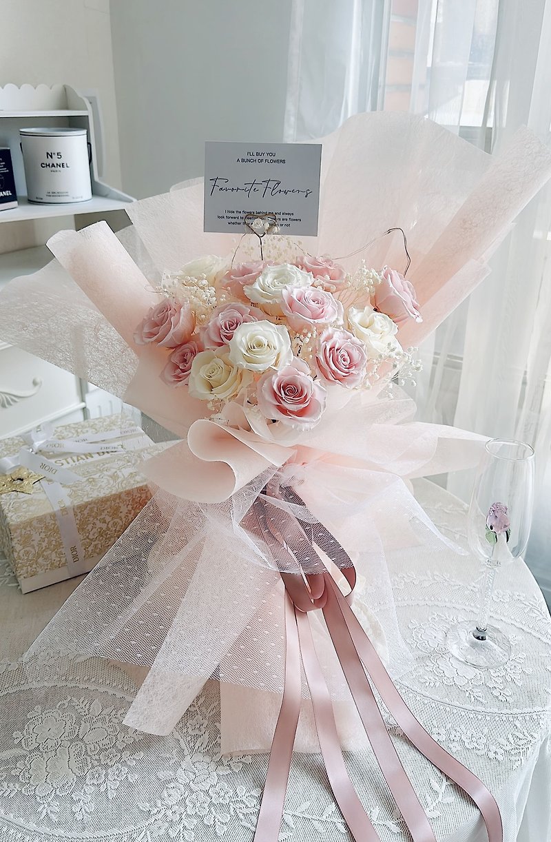 Pink and white eternal rose bouquet of 14 pcs - Dried Flowers & Bouquets - Plants & Flowers Pink