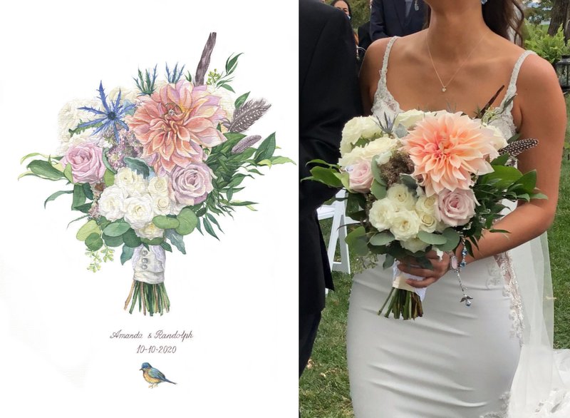 ORIGINAL Custom Wedding Bouquet Painting in Watercolor Bridal flowers portrait - ภาพวาดบุคคล - กระดาษ 