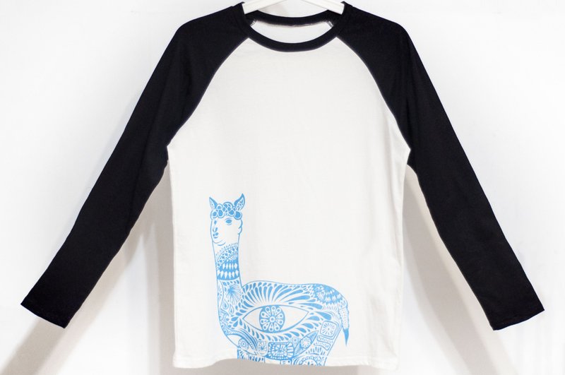 女裝純棉長袖棒球裝上衣 黑白撞色印花T-shirt 設計上衣-祕魯羊駝 - 女上衣/長袖上衣 - 其他材質 多色