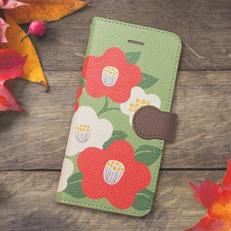 【Notebook type android phone case】Camellia Japonica - Phone Cases - Other Materials Green