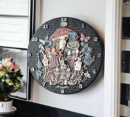 HelenRomanenko Wall Clock Alice in Wonderland Tea Party Mad Hatter Whimsical Home kitchen Decor