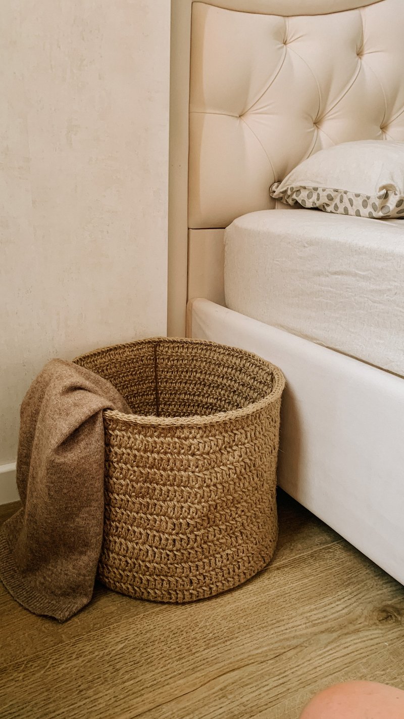 Big Crochet woven Nordic style basket on a metal frame - Shelves & Baskets - Cotton & Hemp Khaki