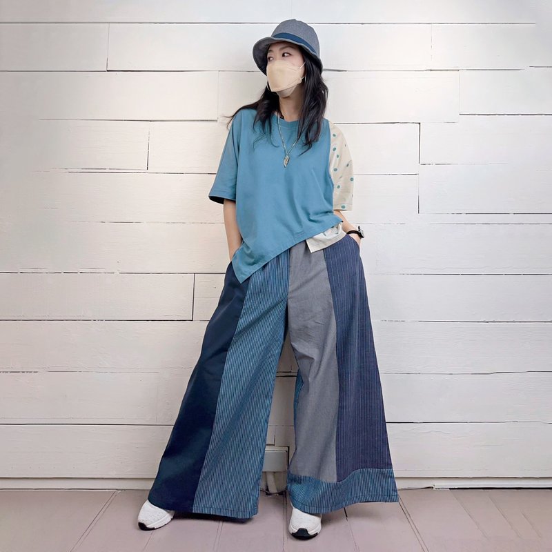 藍條灰直條拼色寬褲 #U2063 - 女長褲 - 棉．麻 藍色