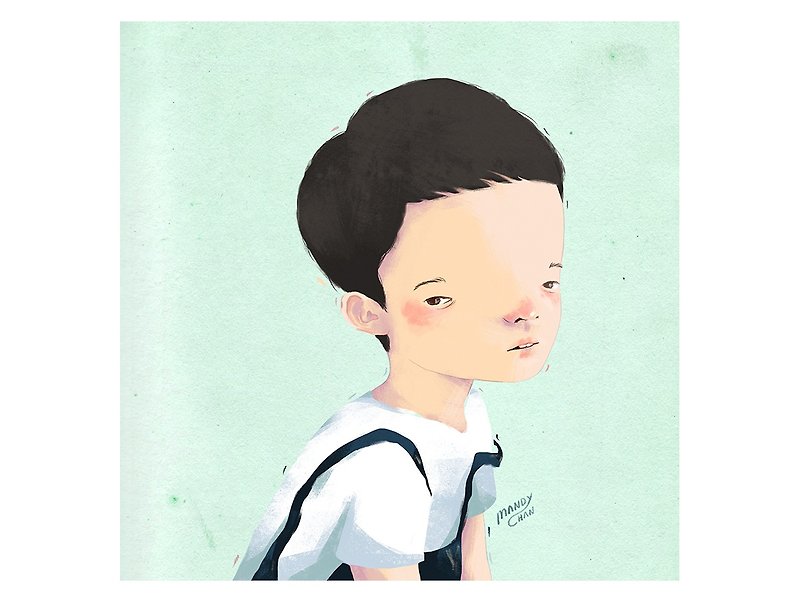 陳魏カード/ポートレートカード/ブラックの短い髪の少女（グリーンの背景） - カード・はがき - 紙 ブラック