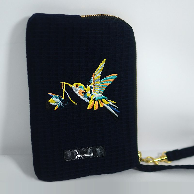 ハミング刺繍キャリーバッグ携帯電話バッグパスポートバッグ財布花ハチドリ - クラッチバッグ - 刺しゅう糸 ブルー