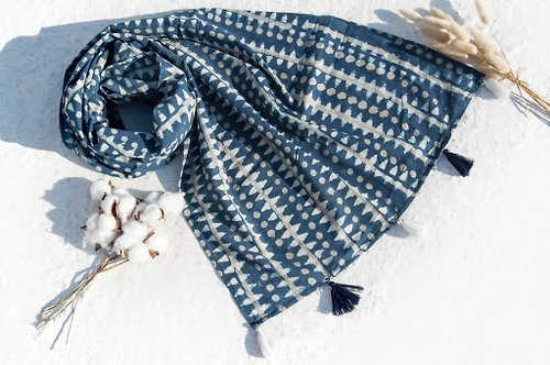 omhandmade 手工木刻印植物染圍巾手織圍巾 編織圍巾 藍染純綿絲巾-藍摩洛哥