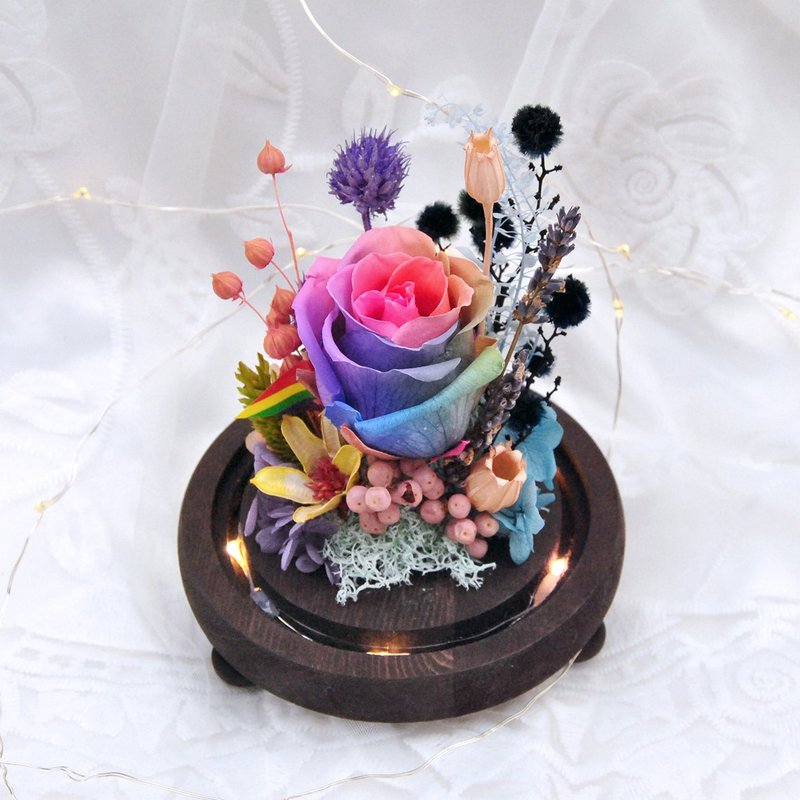 不凋永生花微景觀玻璃罩盅-彩虹玫瑰夜燈款 生日禮物 - 乾燥花/永生花 - 植物．花 多色