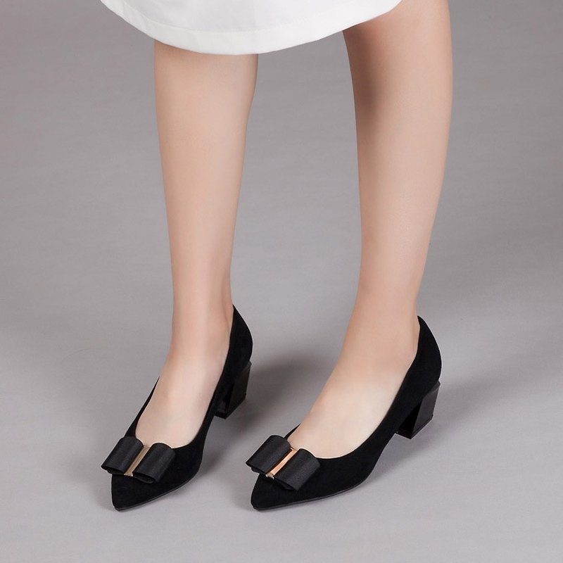 Zero Code-[Fashion Stretching Platform] Big Bowknot Full Leather Geometric Modeling Heel Shoes_ Temperament Pure Black - High Heels - Genuine Leather Black