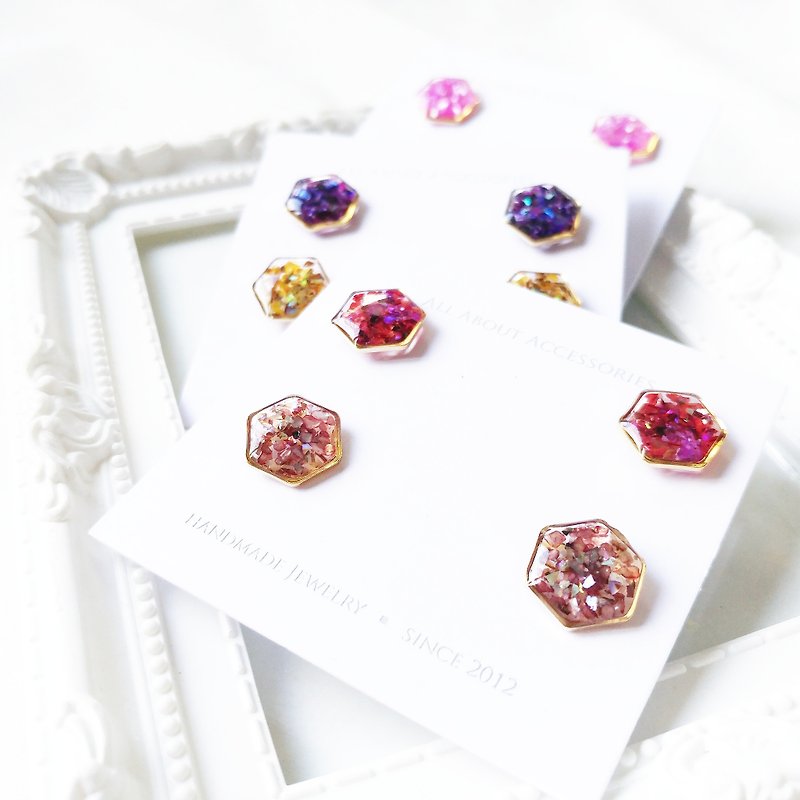Time Fragment Series-Two Pairs of Hexagonal Small Stud Earrings - Earrings & Clip-ons - Other Materials Multicolor