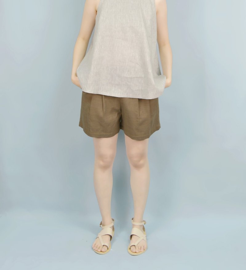 [] HIKIDASHI pleated shorts. Drupe color - กางเกงขายาว - ผ้าฝ้าย/ผ้าลินิน สีนำ้ตาล