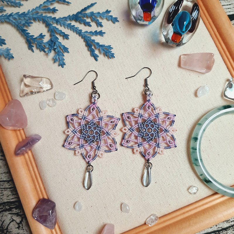 E054-Hand-woven mandala flower series earrings - Earrings & Clip-ons - Nylon Pink