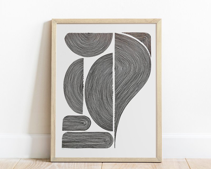 Original Line Drawing Artwork Black White Abstract Shapes Wall Art Living Room - 壁貼/牆壁裝飾 - 紙 黑色