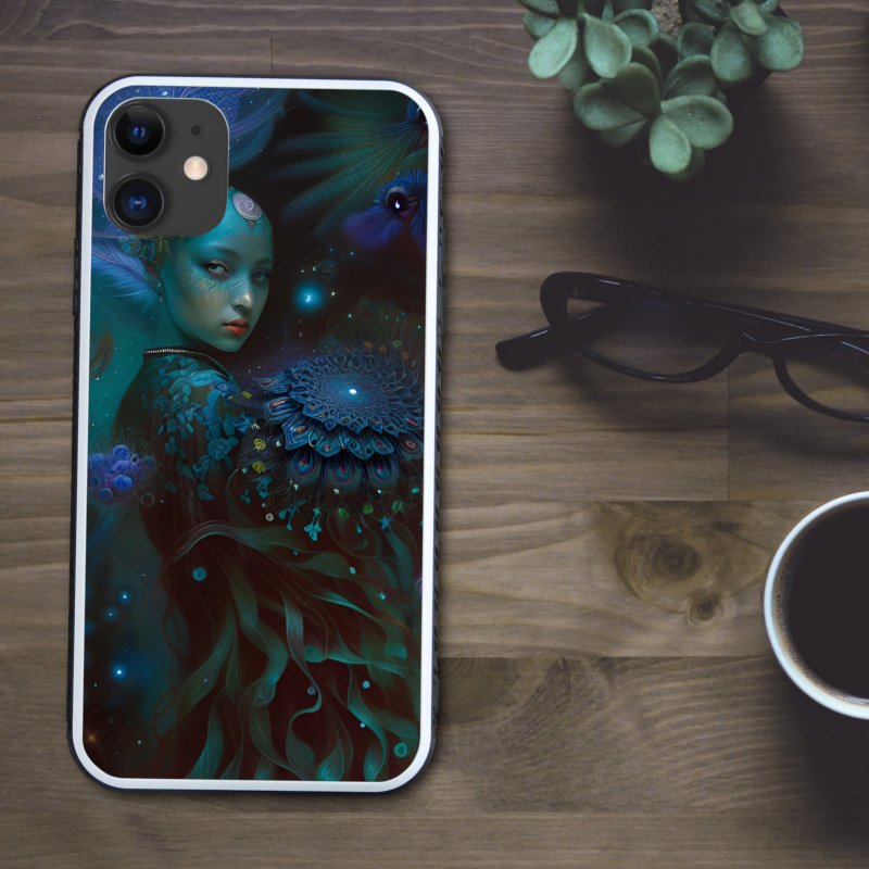 神秘的で宇宙のような深海が美しくエレガントな人魚や孔雀の細胞模様 スマホケース【強化ガラス仕上げ】iPhone16 対応 - 手機殼/手機套 - 塑膠 多色