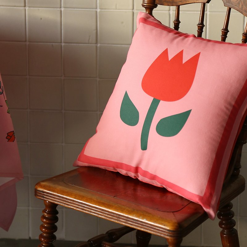 Original Design Retro Tulip Cotton Printed Canvas Throw Pillow Bedside Backrest Sofa Cushion - หมอน - ผ้าฝ้าย/ผ้าลินิน สึชมพู