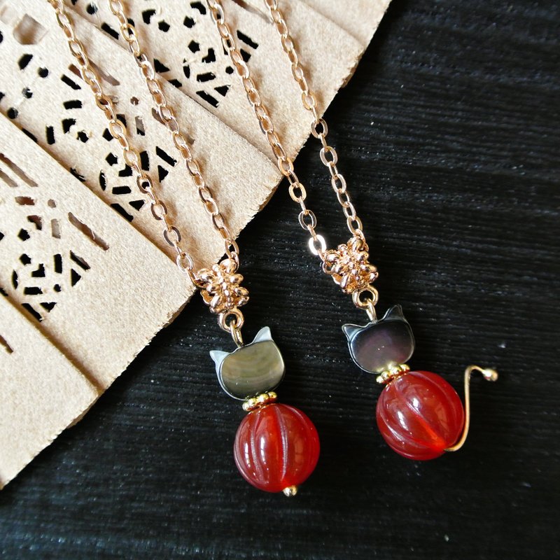 [Mohuige] Halloween Cat Necklace (Red Agate-Kitten Style) - Necklaces - Copper & Brass Red