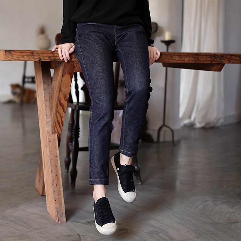 Dark blue denim cotton semi-elastic waistband leg skinny jeans - กางเกงขายาว - ผ้าฝ้าย/ผ้าลินิน 