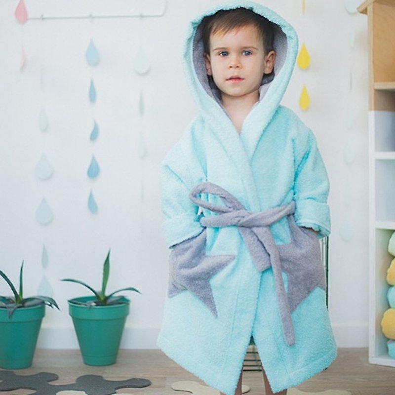 Blue bathrobe with star pockets and hood for kids - อื่นๆ - ผ้าฝ้าย/ผ้าลินิน สีน้ำเงิน