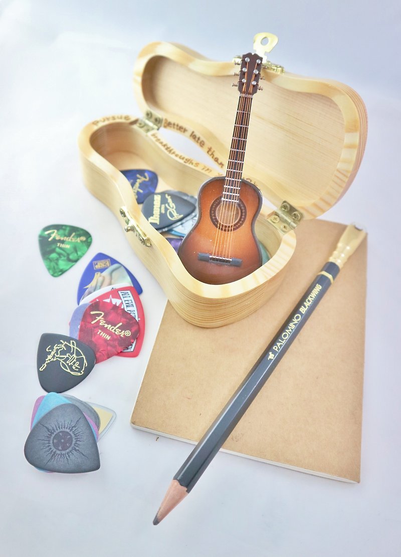[Second-generation guitar shape original wooden box] Mini guitar small storage wooden box hand-made texture gift - Storage - Wood Gold