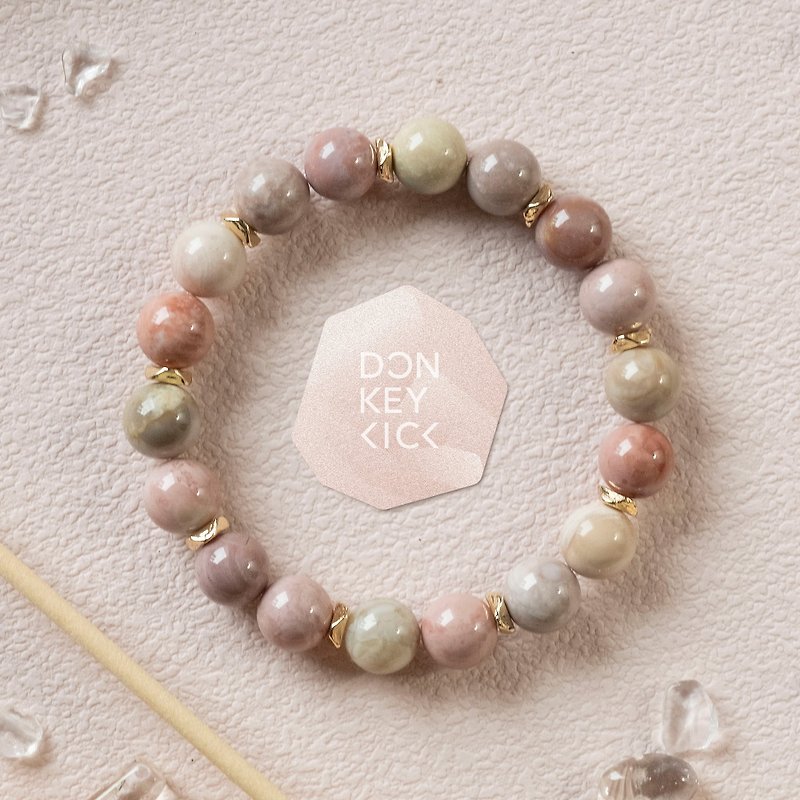 Pink & Grey Marble Print Alashan Agate genuine gemstones beads stretch bracelet - สร้อยข้อมือ - คริสตัล สึชมพู
