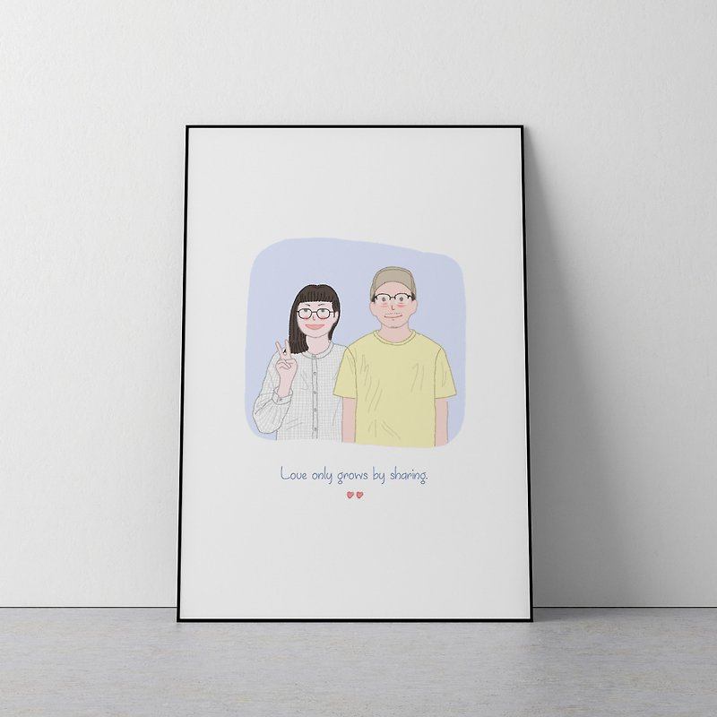 Custom Portrait illustration ,Reorganise of couple with pets ( Half Body ) - โปสเตอร์ - กระดาษ สึชมพู