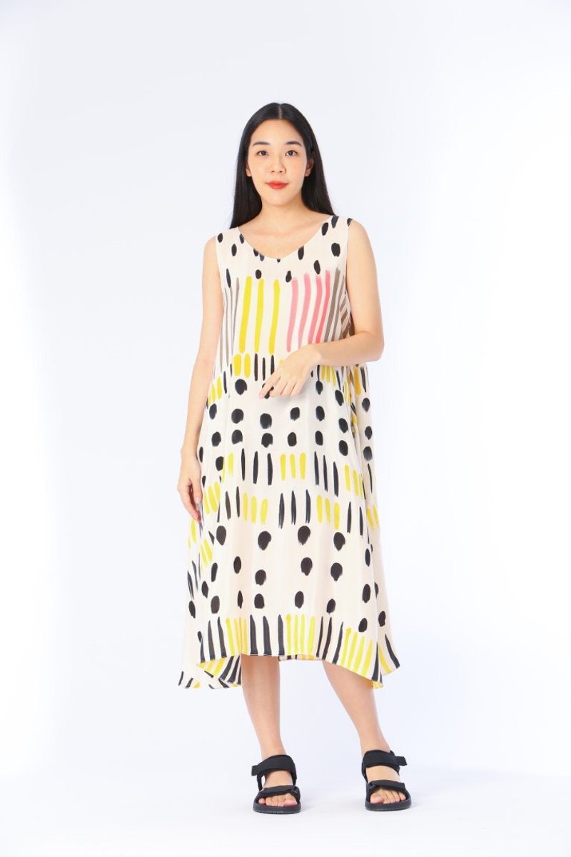 Dress Hand Paint Soft Cotton Silk for Yoga Vacation Holidays - 洋裝/連身裙 - 棉．麻 黃色