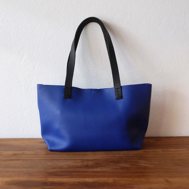 Mini Simple Leather Tote Bag - 手提包/手提袋 - 真皮 藍色