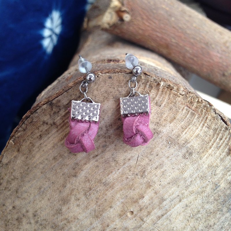 DUAL- creative leather woven allergy earrings - peach pink - Earrings & Clip-ons - Genuine Leather Pink