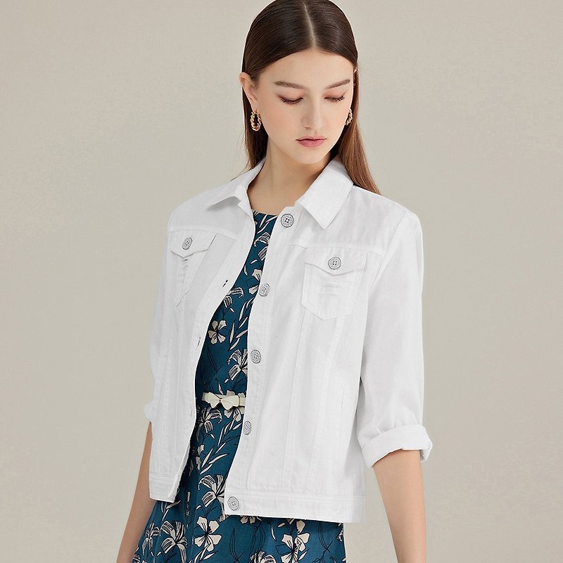 ILEY Yi Lei brushed styling buttoned three-quarter sleeve short denim jacket (white) 1211028420 - Women's Casual & Functional Jackets - Cotton & Hemp 