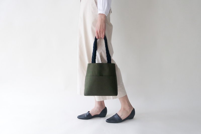 Canvas Bucket Bag with Plaited Straps - Dark Olive Green - กระเป๋าถือ - ผ้าฝ้าย/ผ้าลินิน สีเขียว