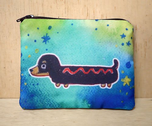毛球工坊 {可客製化手寫名字}手繪渲染水彩風格圖案 黑色 臘腸狗 鑰匙包 零錢包 卡片包