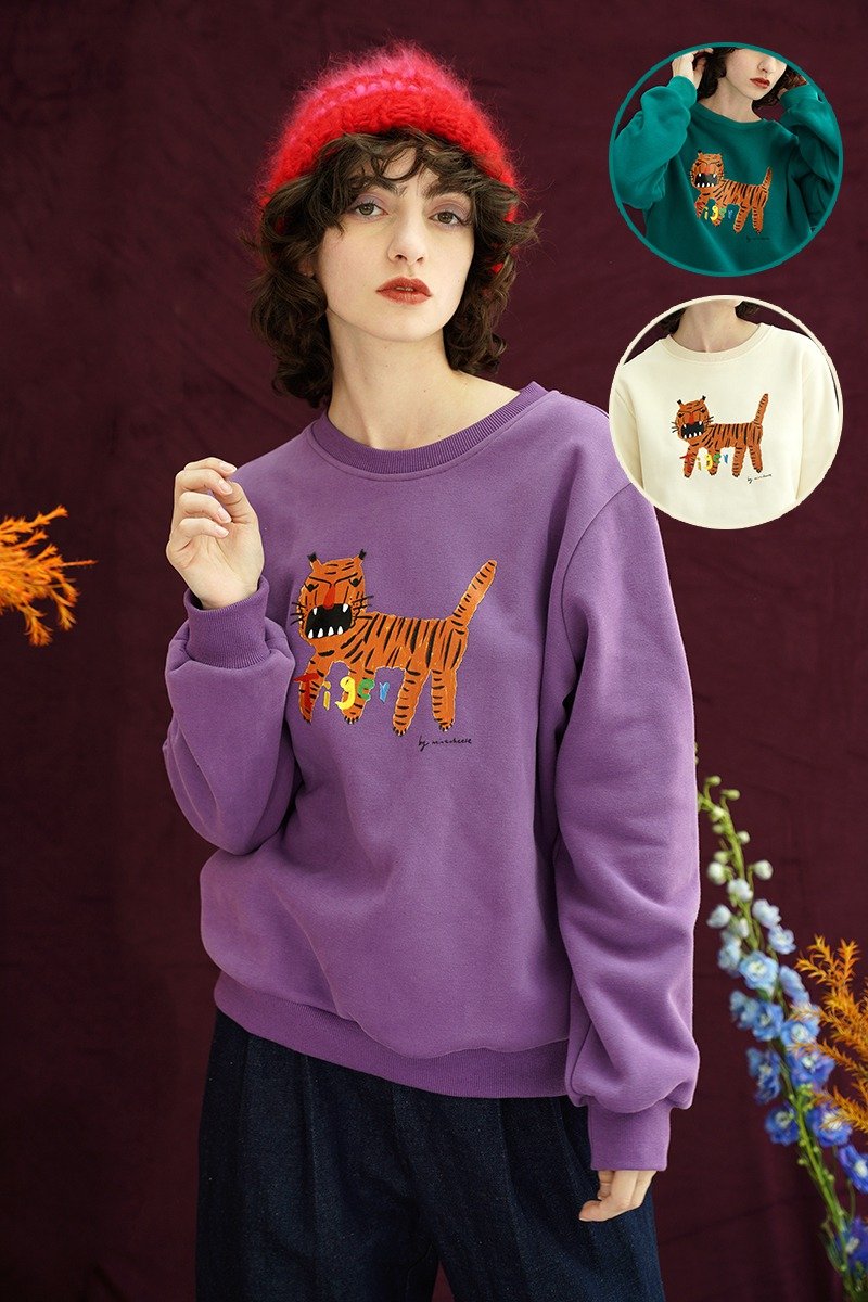 Mintcheese Funny hand-painted Tiger Plush loose thick sweater - Women's Tops - Cotton & Hemp Purple