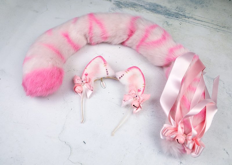 Pink Tiger Ears and Tail Set - 髮夾/髮圈 - 其他人造纖維 粉紅色