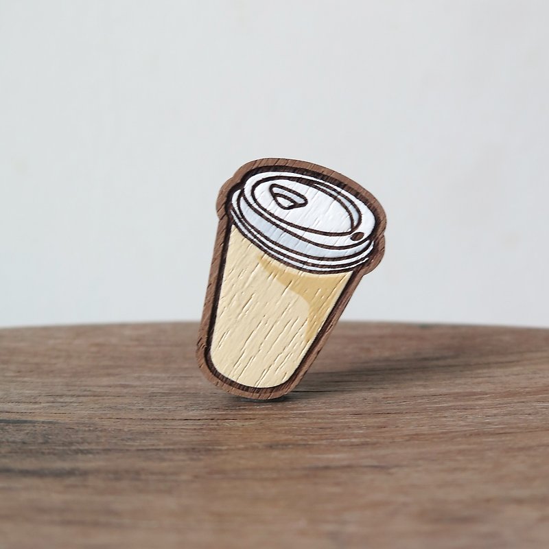 Wooden brooch coffee paper cup - Brooches - Wood Yellow