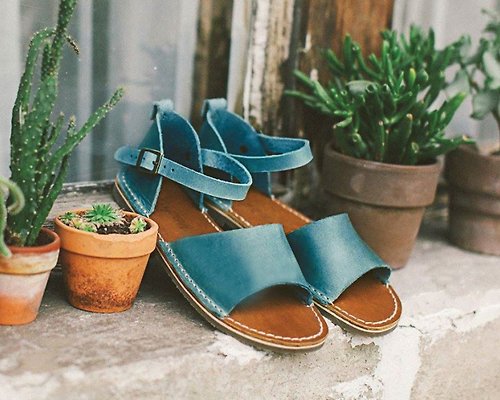 Crupon 夏季涼鞋、藍綠色女士涼鞋、皮革涼鞋、女士涼鞋、夏季鞋